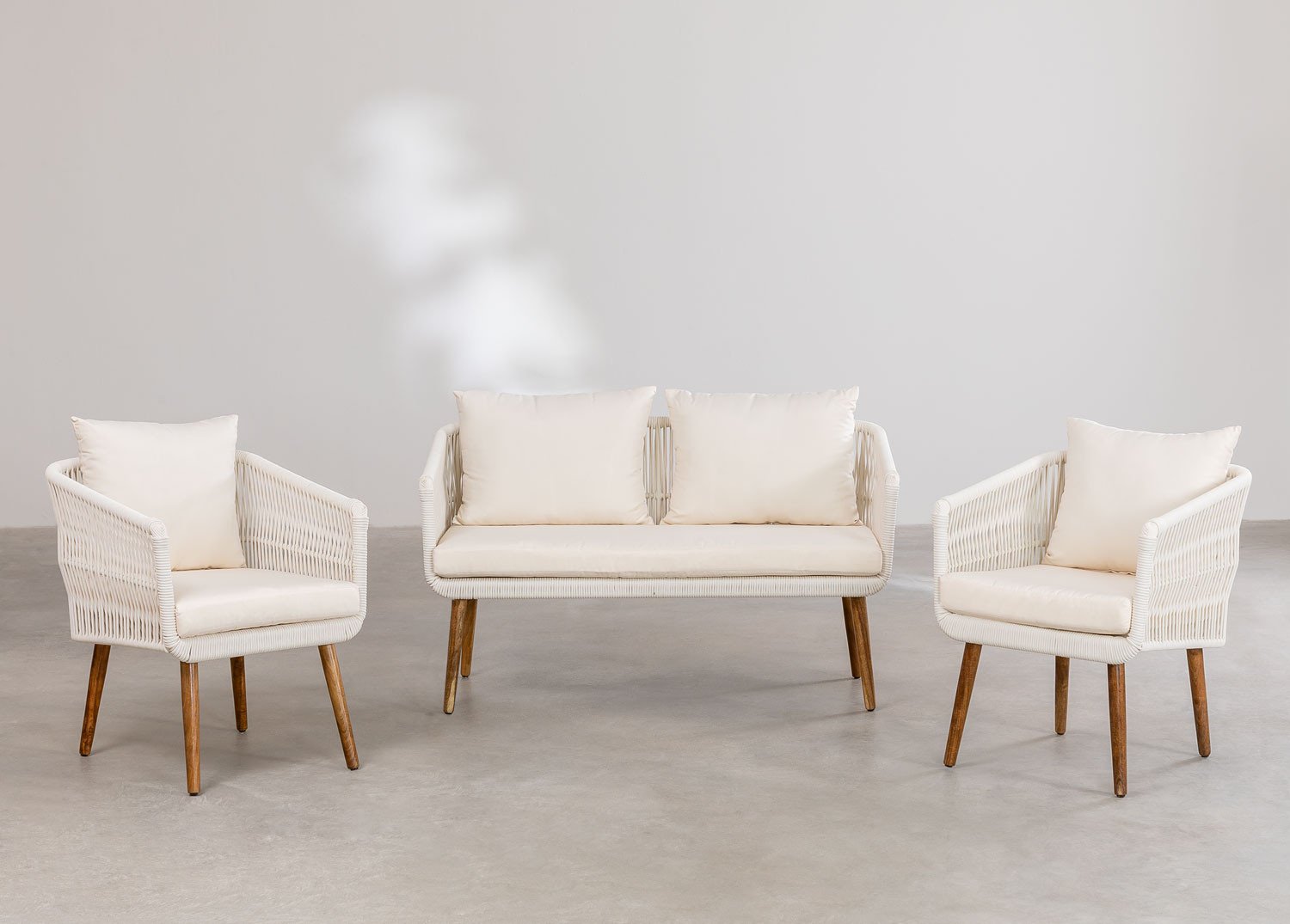Conjunto de jardim com sofá de 2 lugares e 2 poltronas em madeira de acácia e corda trançada estilo Barker, imagem de galeria 2