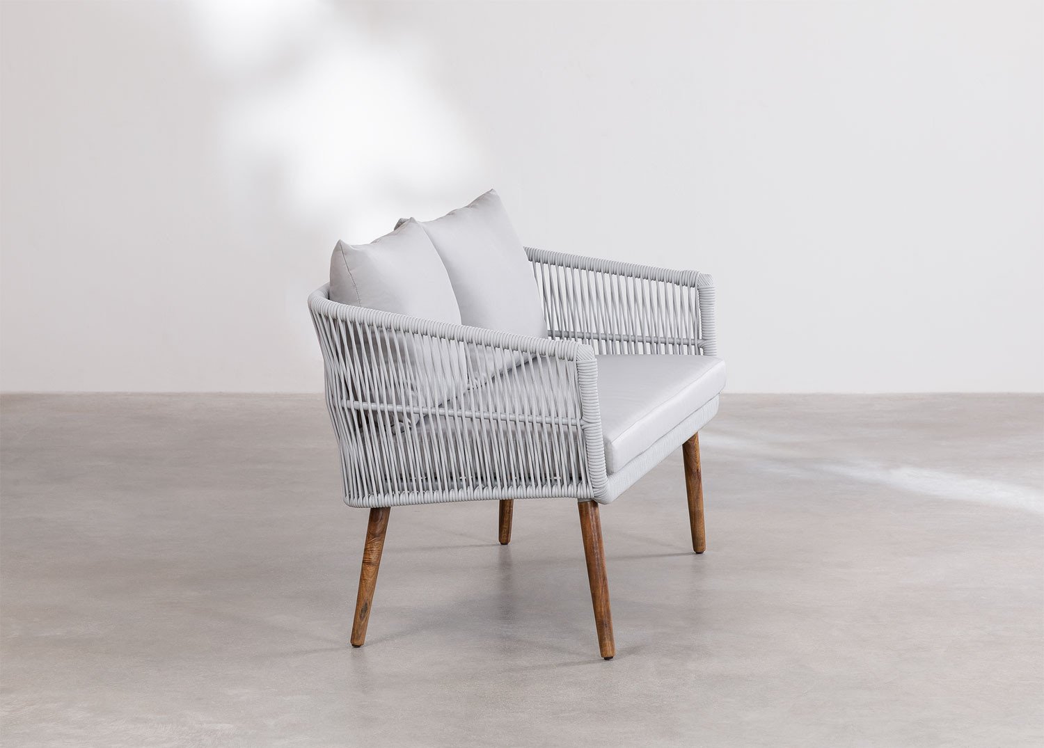 Conjunto de jardim com sofá de 2 lugares e 2 poltronas em madeira de acácia e corda trançada estilo Barker, imagem de galeria 4