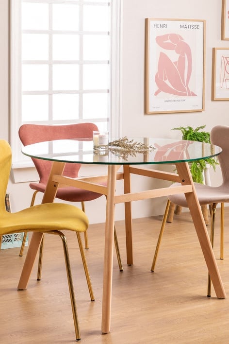 Mesa de jantar redonda em vidro e madeira de faia Scand Nordic