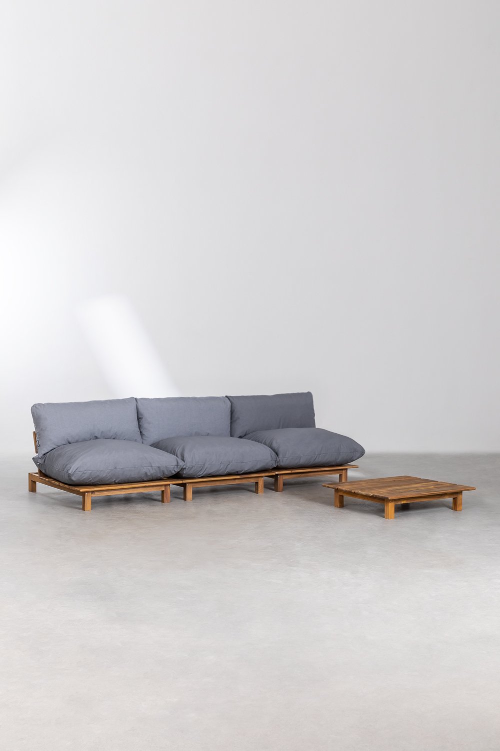Sofá modular reclinável de 3 peças com mesa de centro em madeira de acácia Brina, imagem de galeria 1