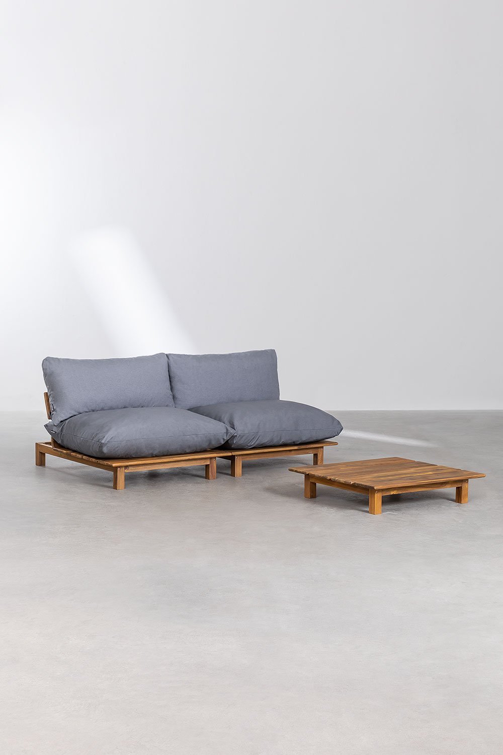 Sofá modular reclinável de 2 peças com mesa de centro em madeira de acácia Brina, imagem de galeria 1