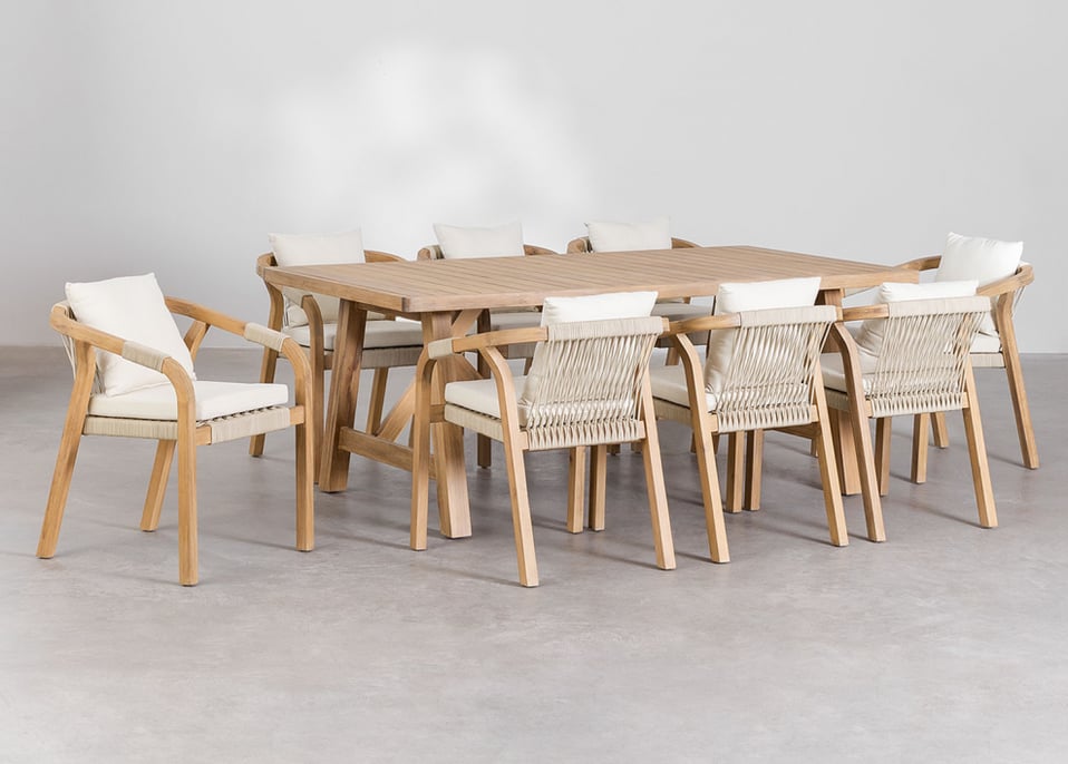 Conjunto de Mesa Retangular (200x100 cm) e 8 Cadeiras de Jantar em Madeira de Acácia Dubai