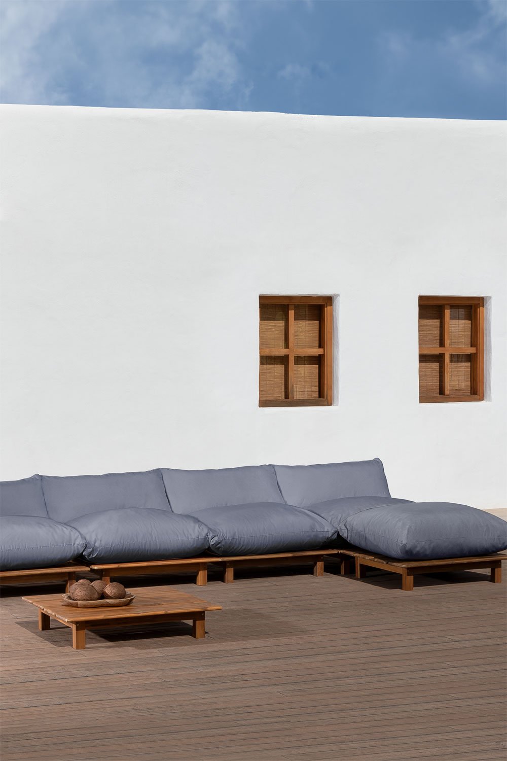 Sofá de jardim modular reclinável de 4 peças com mesa de centro e puff em madeira acácia Brina, imagem de galeria 1
