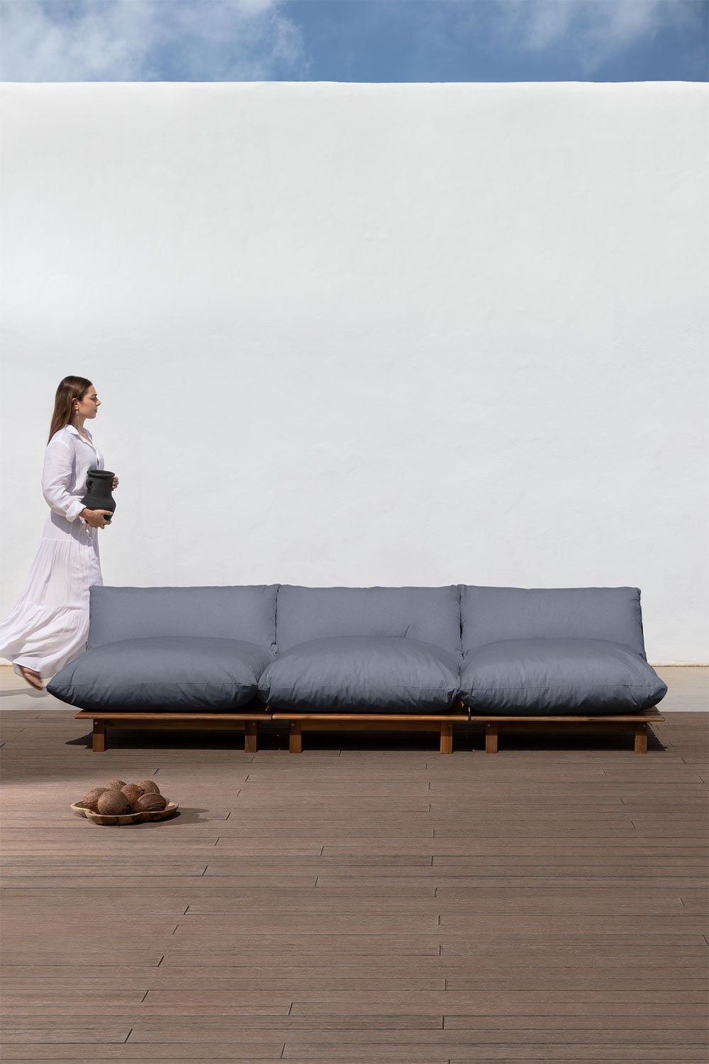 Sofá de jardim modular reclinável de 3 peças em madeira de acácia Brina, imagem de galeria 1