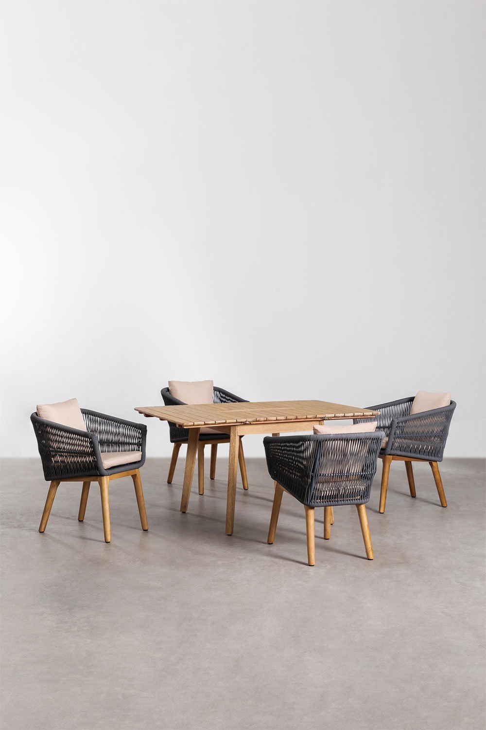 Conjunto de mesa extensível de madeira (90-150x90 cm) Naele e 4 cadeiras de jardim Barker, imagem de galeria 1
