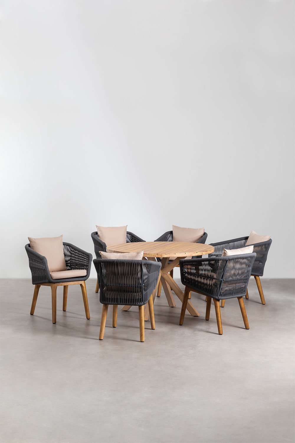 Conjunto de Mesa Redonda de Madeira (Ø120 cm) Naele e 6 Cadeiras de Jardim Barker, imagem de galeria 1