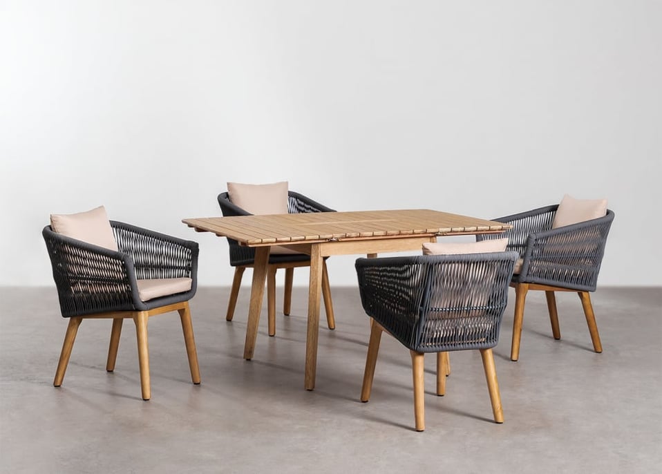 Conjunto de mesa extensível de madeira (90-150x90 cm) Naele e 4 cadeiras de jardim Barker