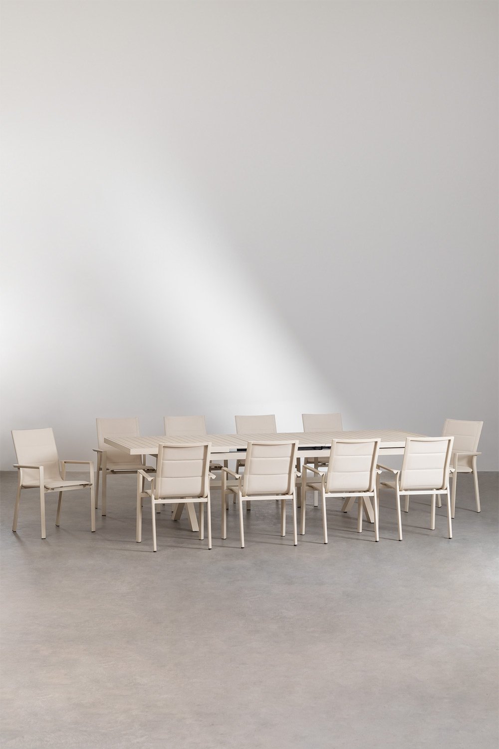 Conjunto de mesa extensível retangular 240-300x100 cm e 10 cadeiras de jardim empilháveis com apoios de braços em alumínio Karen, imagem de galeria 2