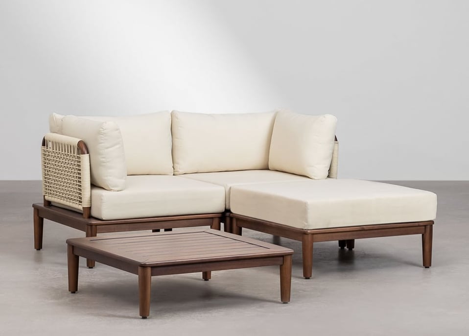 Conjunto de jardim com sofá modular de 2 peças com 2 cadeirões de canto, mesa de centro e puff em acácia Giulia
