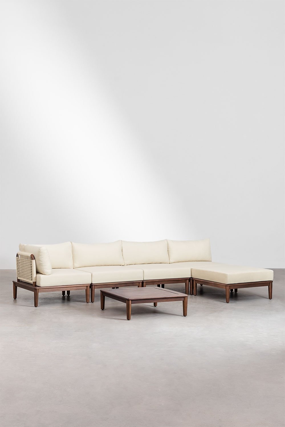 Sofá de jardim modular de canto de 4 peças com mesa de centro e puff em madeira de acácia Brayan, imagem de galeria 1