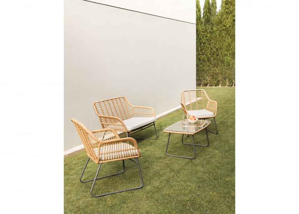 Conjunto de jardim com sofá de 2 lugares, 2 poltronas e mesa de centro em aço e rattan sintético Visutt