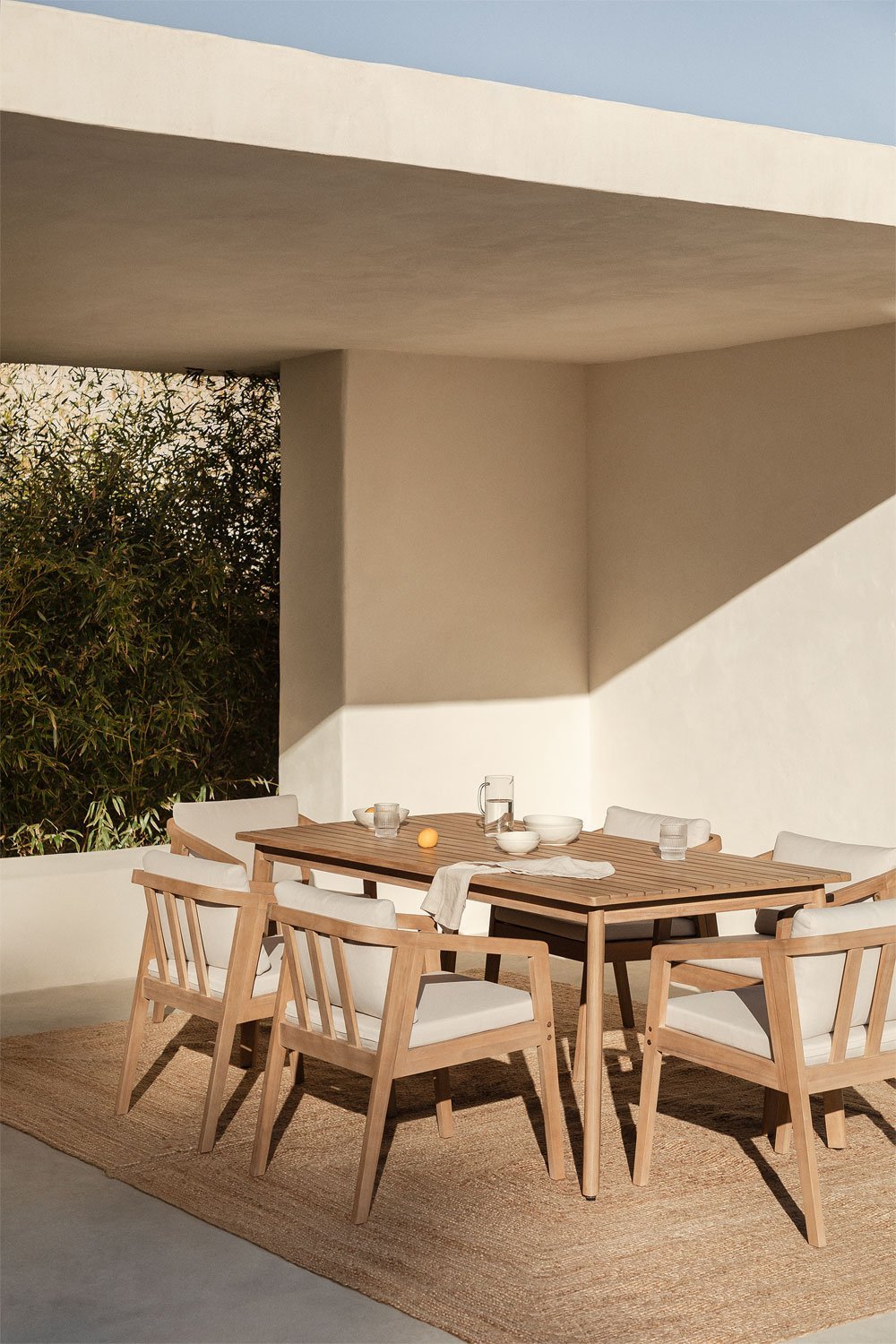Conjunto de mesa retangular Kaela (180x90 cm) e 6 cadeiras de jardim em madeira de acácia, imagem de galeria 1