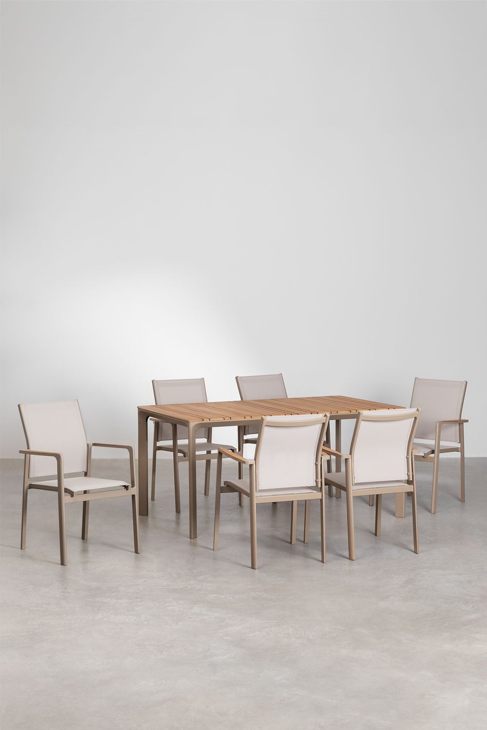 Conjunto de Mesa Retangular Katiana em Alumínio e Madeira Teca (160x90 cm) e 6 Cadeiras de Jardim em Alumínio Elvira, imagem de galeria 2