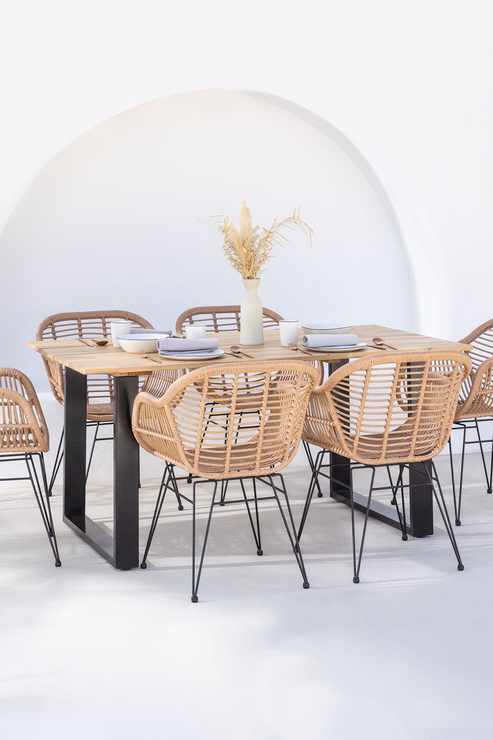 Conjunto de mesa retangular de madeira (160x90 cm) Melina e 6 cadeiras de jardim em vime sintético Zole, imagem de galeria 1