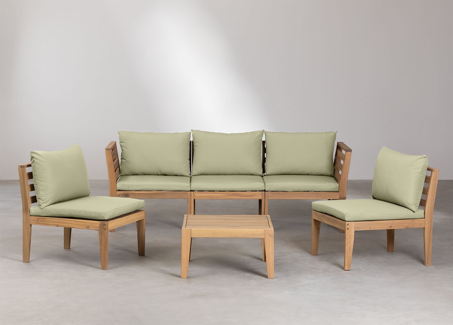 Conjunto de jardim com sofá modular de 5 peças com braços e mesa de centro em madeira de acácia Filips   , imagem de galeria 2