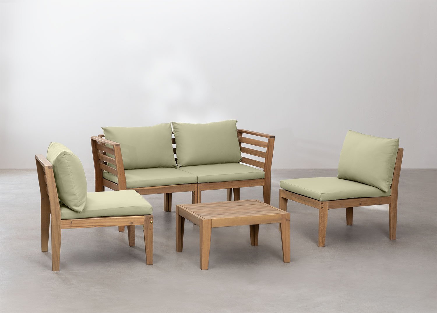 Conjunto de jardim com sofá modular de 4 peças com braços e mesa de centro em madeira de acácia Filips        , imagem de galeria 2