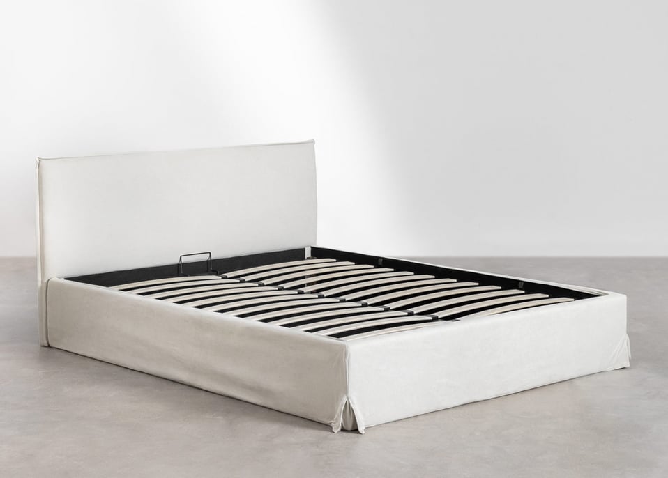 Cama com arrumação para colchão 135x200cm em tecido branco Lorea