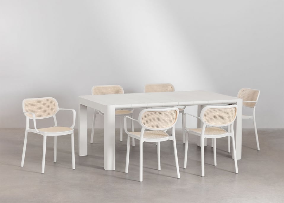 Conjunto de Mesa Retangular Arnadine (180x100 cm) e 6 Cadeiras de Jantar Empilháveis com Braços Omara