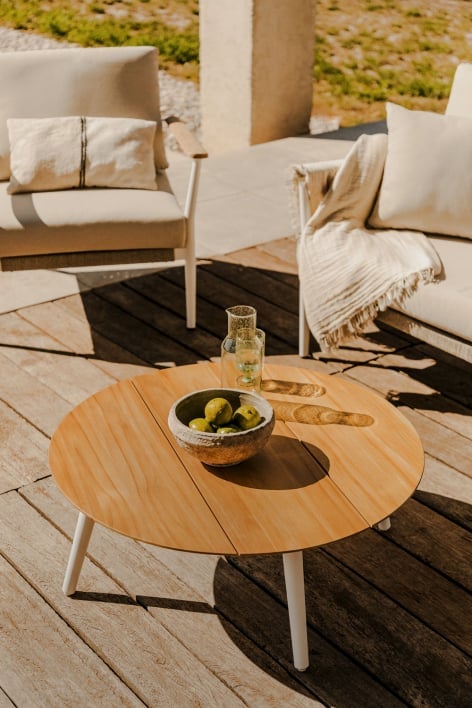 Mesa de centro para jardim redonda Ø80 cm em madeira de teca e alumínio Salbury