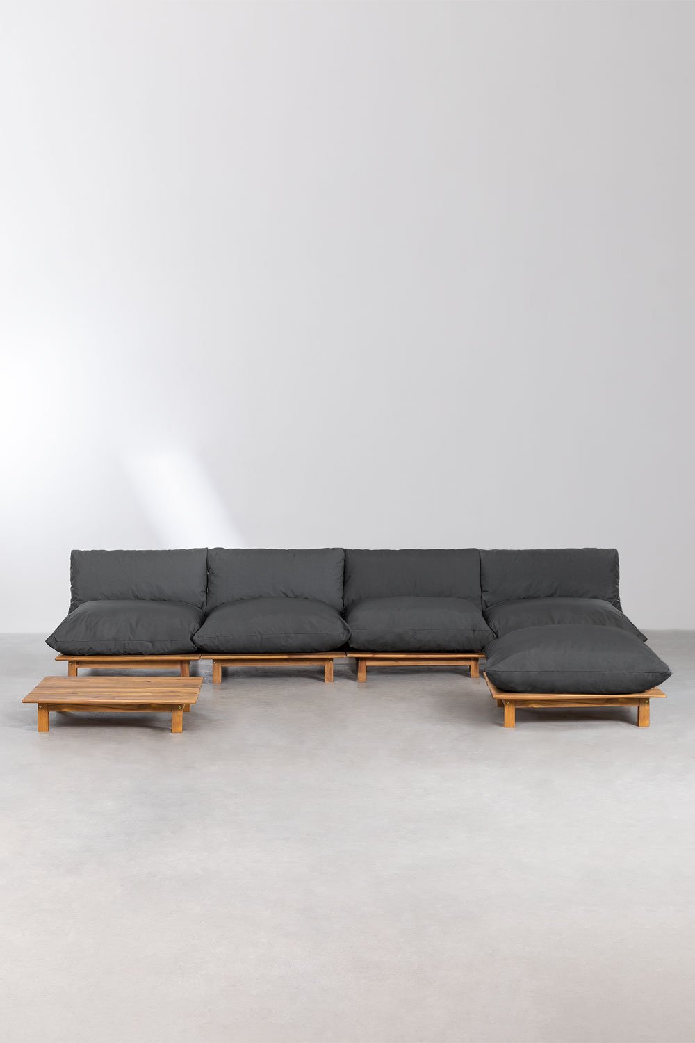 Conjunto de jardim com sofá modular reclinável de 4 peças, mesa de centro e puff em madeira de acácia Brina, imagem de galeria 4