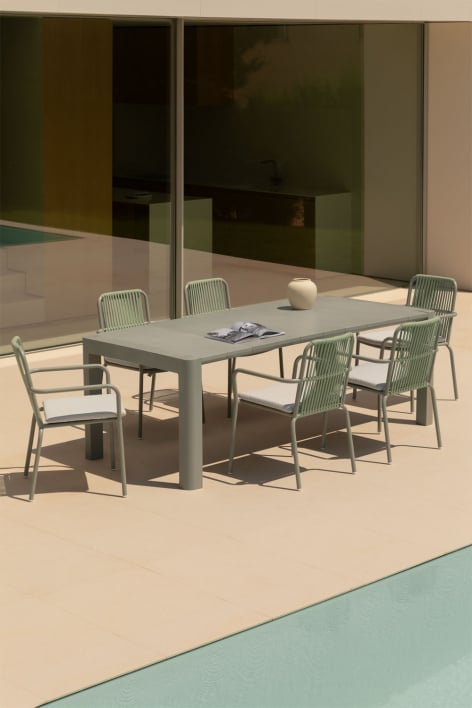 Conjunto de mesa retangular Arnadine (180x100 cm) e 6 cadeiras de jardim empilháveis em alumínio Alberta