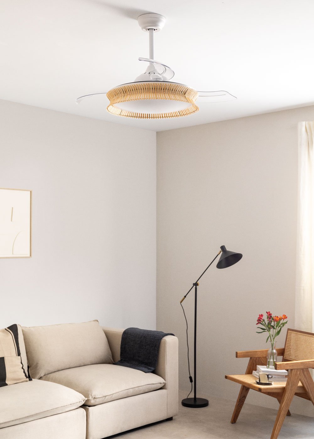 CREATE - WIND CLEAR RATTAN - Ventilador de teto silencioso 40W lâminas retráteis Ø107cm com luz LED 36W, imagem de galeria 3