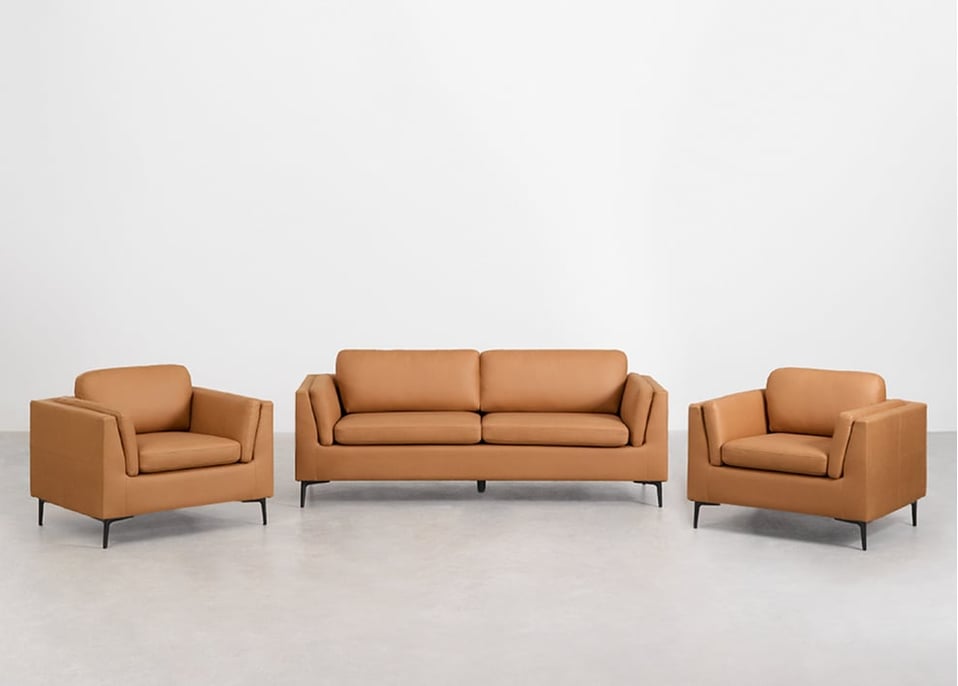 Conjunto de sala com sofá de 2 lugares e 2 poltronas em couro sintético Soren