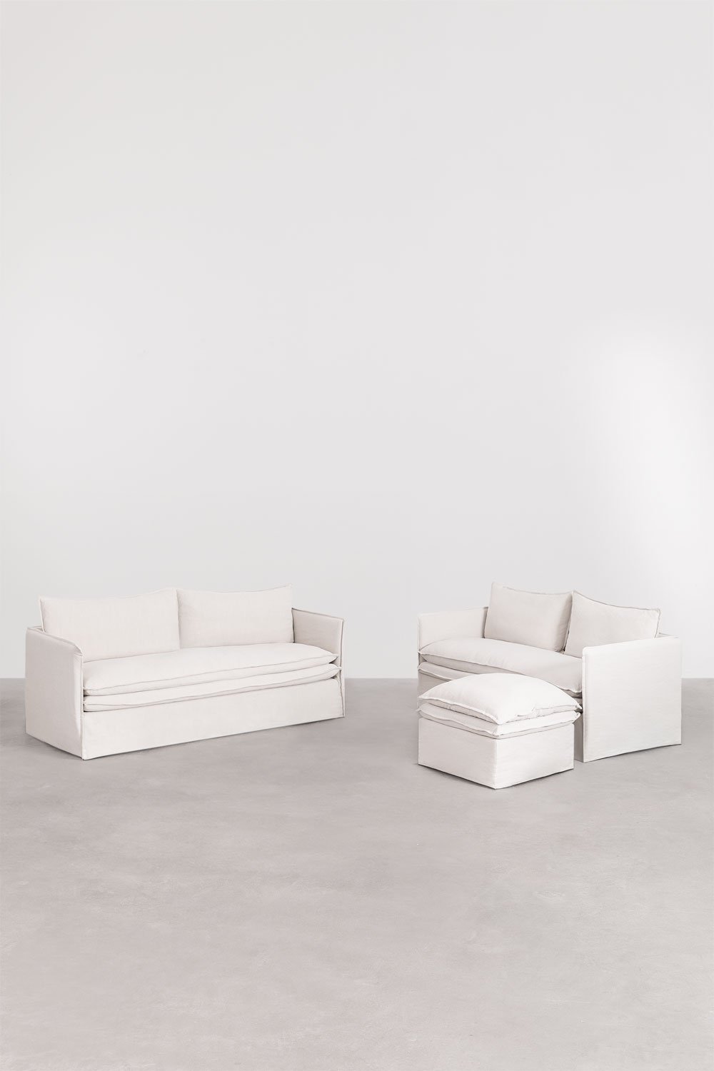 Conjunto de sala de estar com sofá de 2 lugares, sofá de 3 lugares e pufe em linho e algodão Grace, imagem de galeria 3