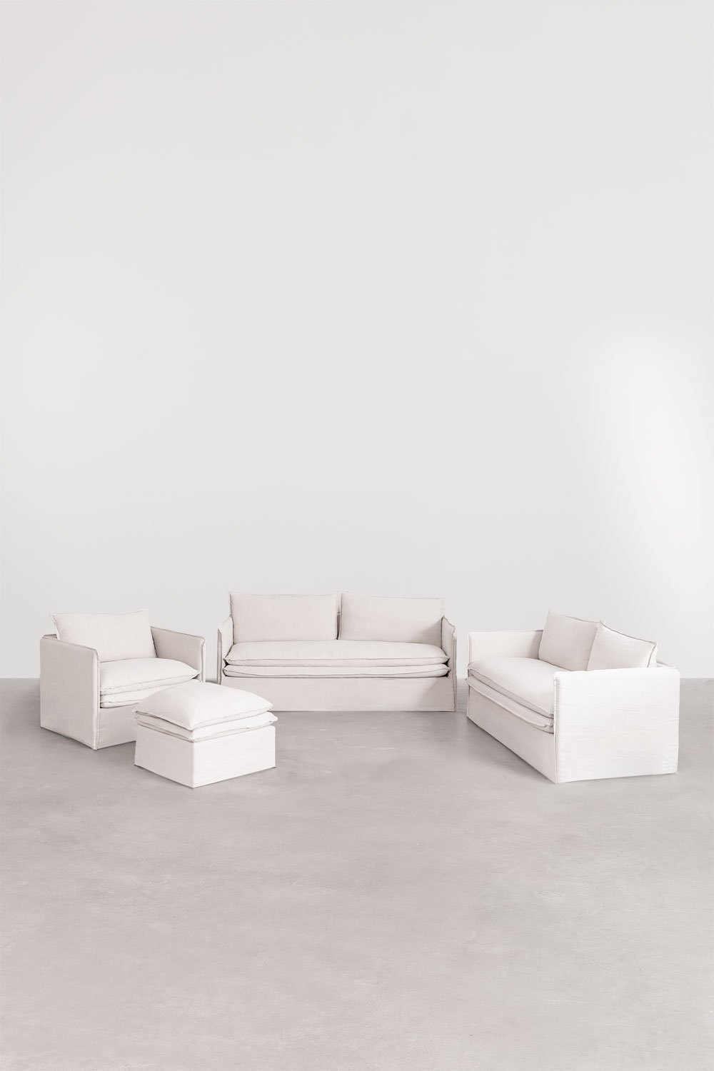 Conjunto de sala de estar com um sofá de 2 lugares, um sofá de 3 lugares, uma poltrona e um pufe em linho e algodão Grace, imagem de galeria 3