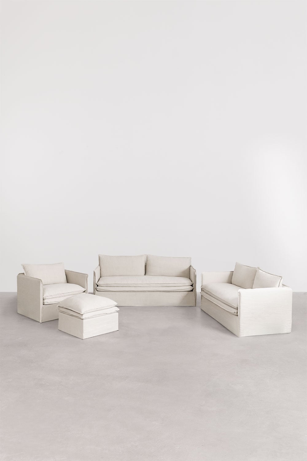 Conjunto de sala de estar com um sofá de 2 lugares, um sofá de 3 lugares, uma poltrona e um pufe em linho e algodão Grace, imagem de galeria 3