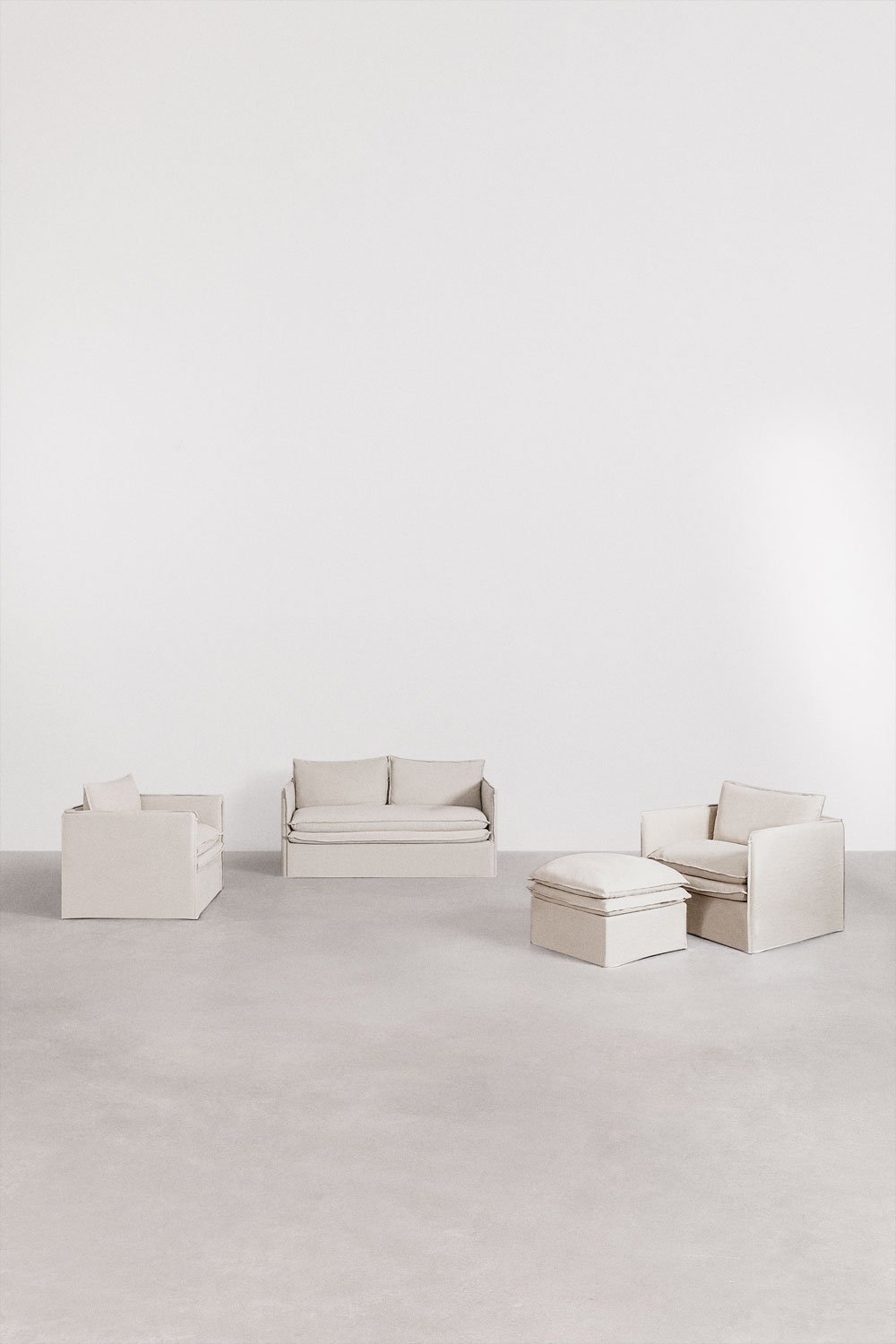Conjunto de sala de estar com sofá de 2 lugares, 2 poltronas e pufe em linho e algodão Grace, imagem de galeria 1