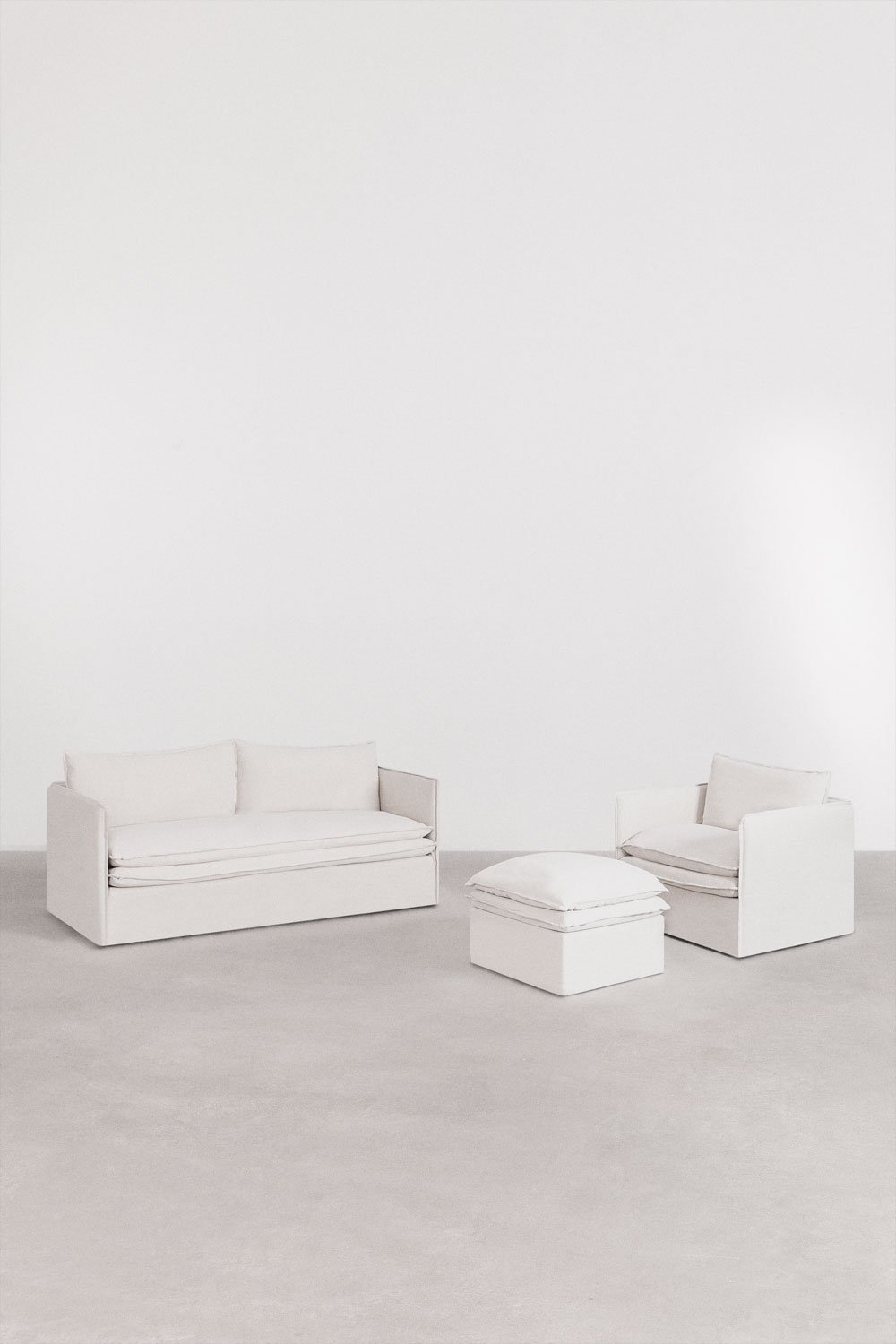 Conjunto de sala de estar com sofá de 3 lugares, poltrona e pufe em linho e algodão Grace, imagem de galeria 1