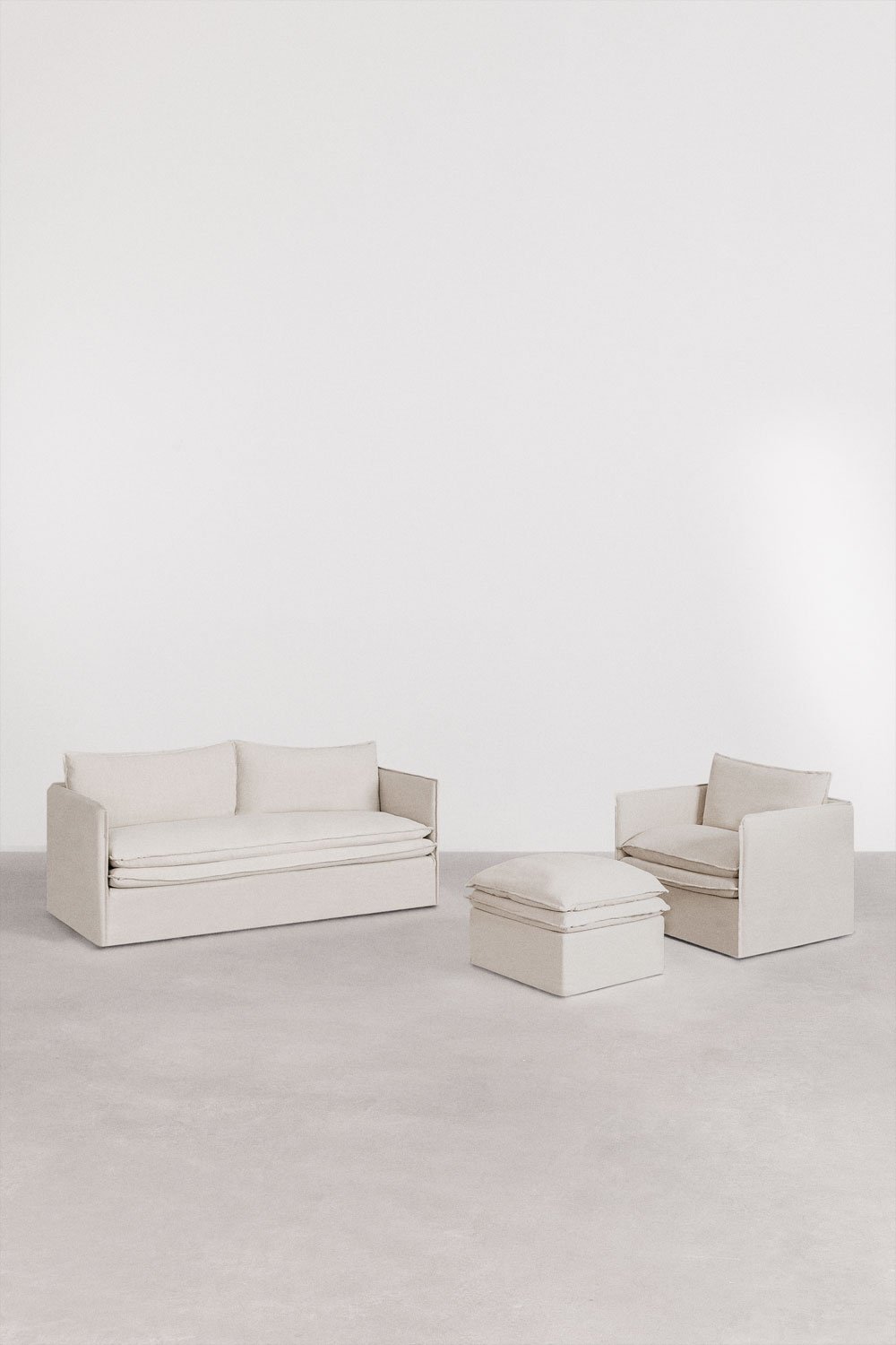 Conjunto de sala de estar com sofá de 3 lugares, poltrona e pufe em linho e algodão Grace, imagem de galeria 3