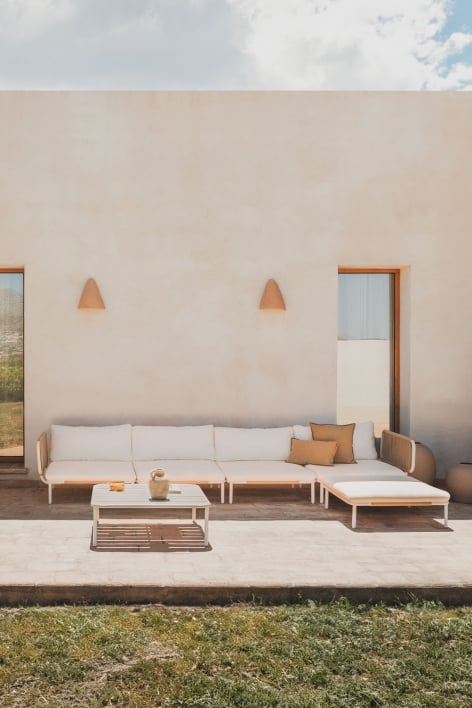 Sofá de jardim modular de 4 peças com 2 poltronas de canto, pufe e mesa de centro Roubly