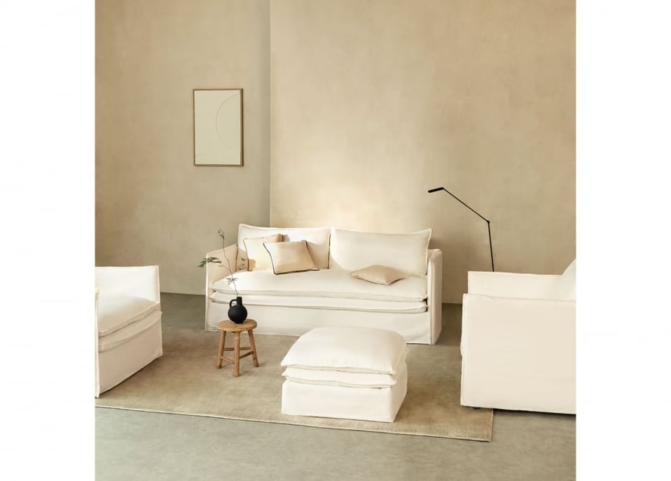 Conjunto de sala de estar com sofá de 3 lugares, 2 poltronas e pufe em linho e algodão Grace