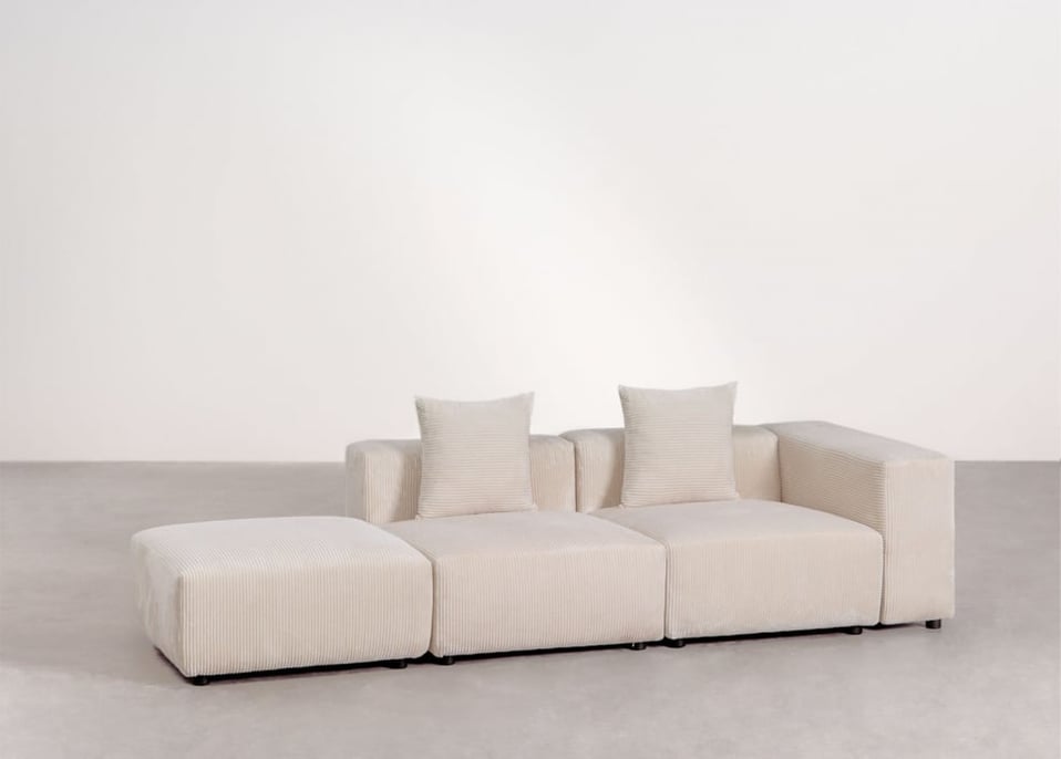 Sofá modular de canto direito de 2 peças com braço alto e puff ↔︎285 cm Bruna - Bombazina Crema Linho