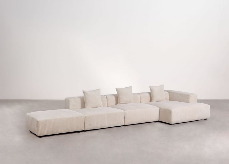 Sofá modular chaise longue de canto direito de 3 peças com puff ↔︎450 cm Bruna - Bombazina Crema Linho