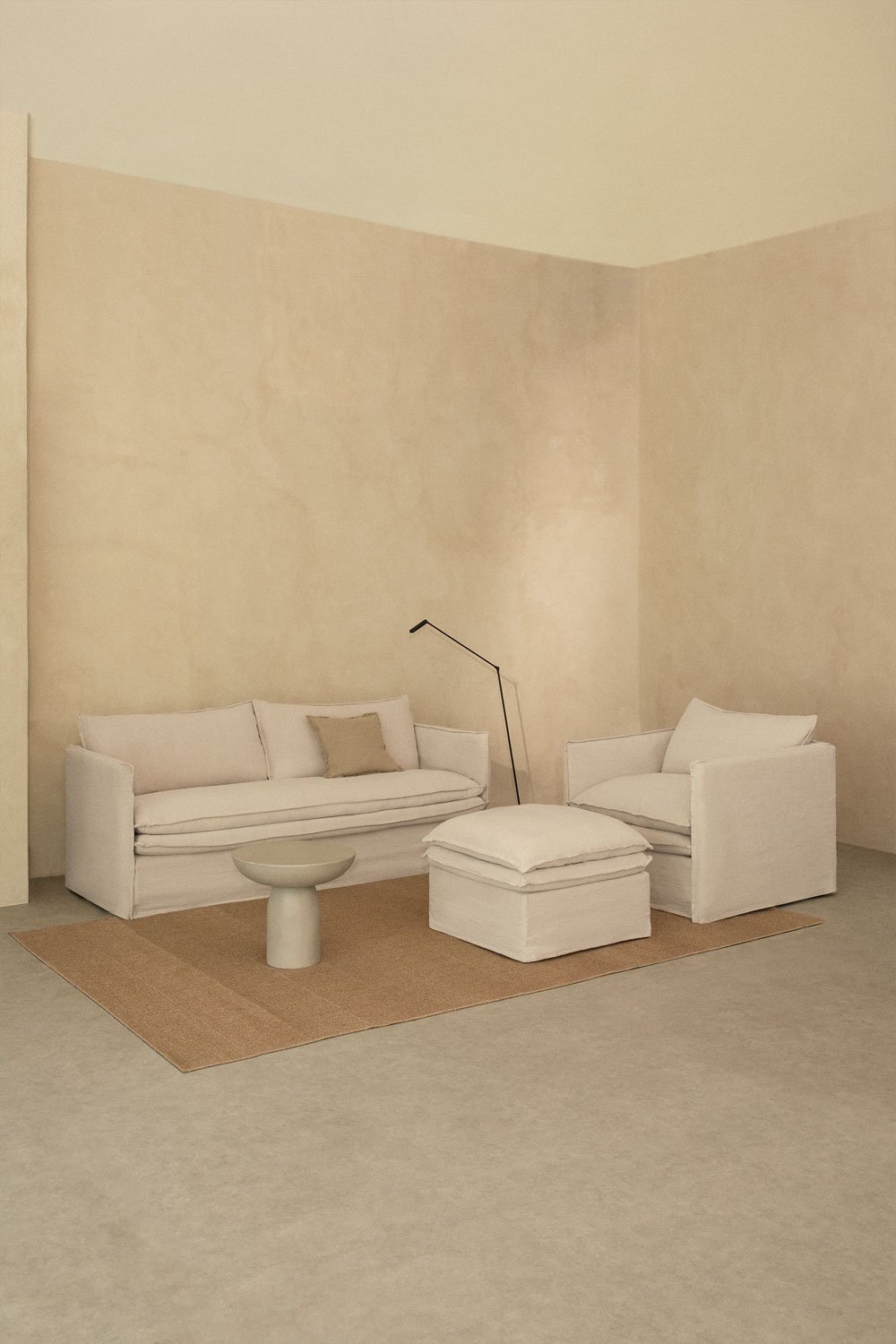 Conjunto de sala de estar com sofá de 3 lugares, poltrona e pufe em linho e algodão Grace, imagem de galeria 12