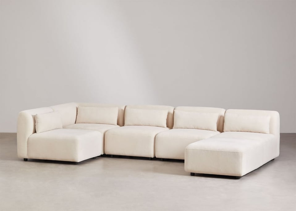 Sofá modular de canto de 5 peças com pufe Fogler - Bombazina Crema Linho