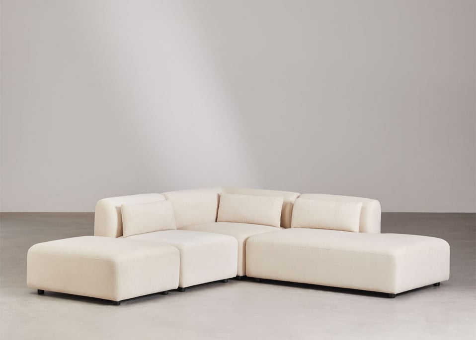 Sofá de canto modular de 3 peças com chaise direita e pufe Fogler - Bombazina Crema Linho