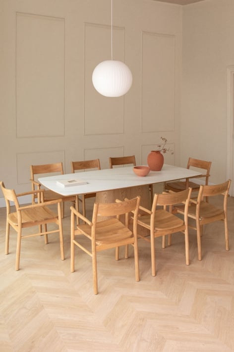 Conjunto de mesa Aura folheado a cerâmica (200x100 cm) e 8 cadeiras de jantar com braços em madeira carvalho Mireita