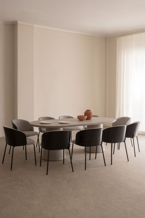Conjunto de mesa oval 220x95 cm em cimento Noemi e 10 cadeiras de jantar em madeira estofadas Amieva