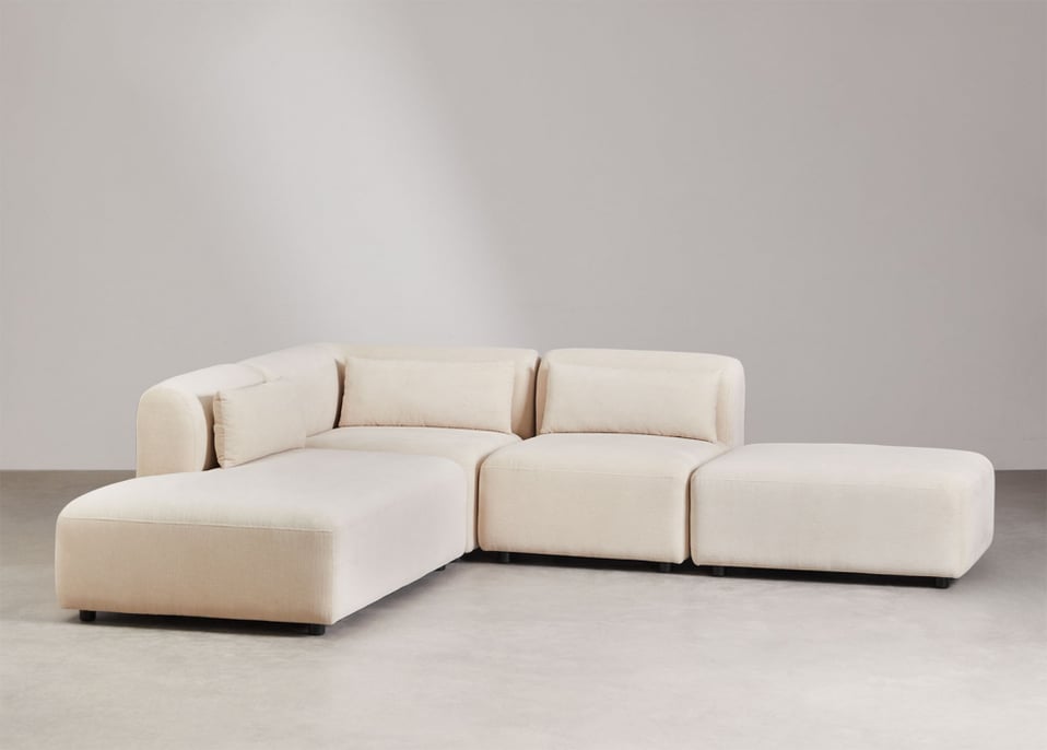 Sofá de canto modular de 3 peças com chaise-longue esquerda e pufe Fogler - Bombazina Crema Linho