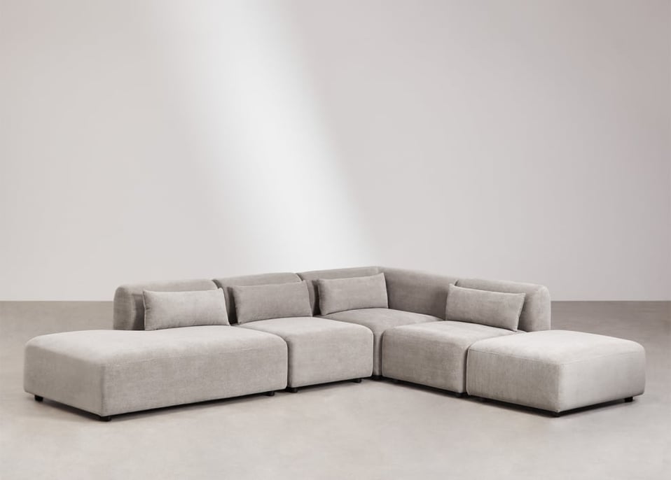 Sofá modular de canto de 4 peças com chaise longue esquerda e pufe Fogler - Bombazina Toupeira Claro