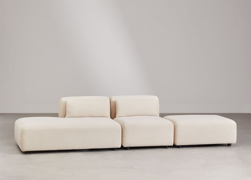 Sofá modular de 2 peças com chaise longue esquerda e pufe Fogler - Bombazina Crema Linho