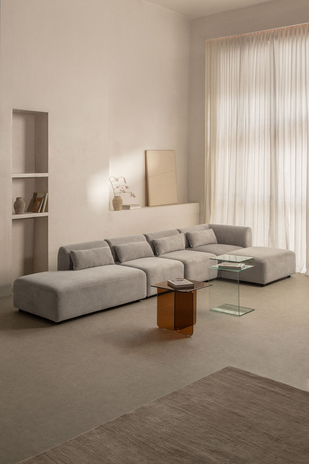 Sofá modular de canto em 4 peças com chaise longue à esquerda e puff ...