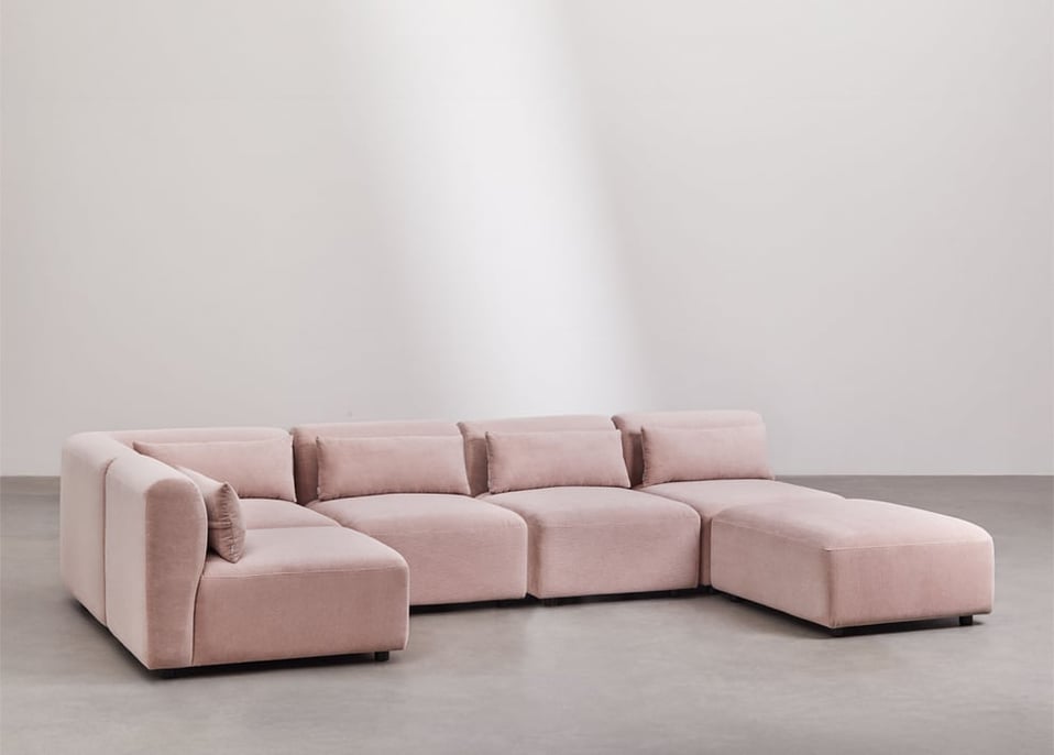 Sofá modular de canto de 5 peças com pufe Fogler - Bombazina Rosé