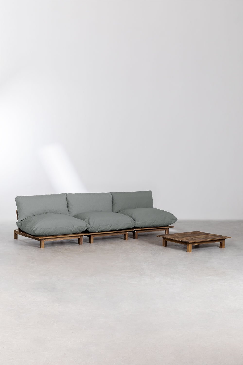 Conjunto de sala de estar com sofá reclinável modular de 3 peças e mesa de centro em madeira de acácia Brina, imagem de galeria 1