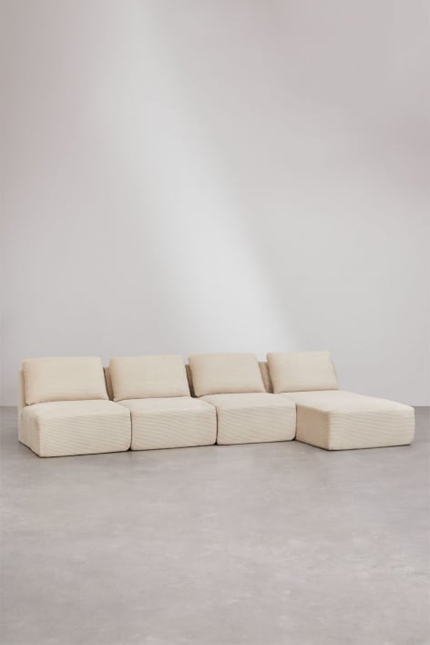Sofá modular de 4 peças com chaise longue à direita em veludo cotelê embalado a vácuo Temple - Bombazina Crema Linho