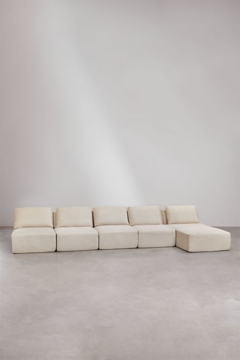 Sofá modular de 5 peças com chaise longue à direita em veludo cotelê embalado a vácuo Temple - Bombazina Crema Linho